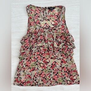 Express Ruffle Floral Semi Sheer Sleeveless Tank Blouse Top Pink Black XS